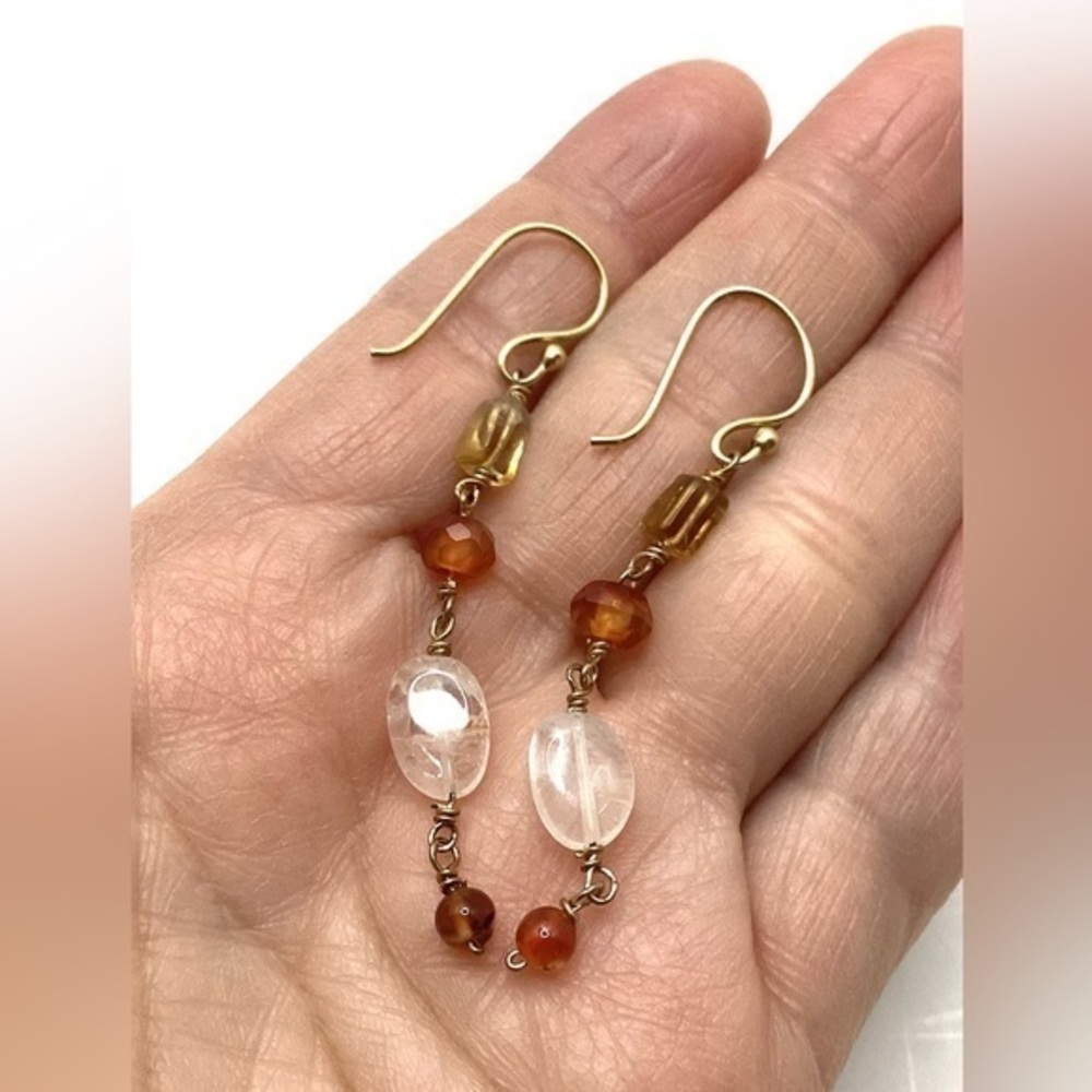 Handcrafted Quartz and Carnelian Glass Beads Earrings Vermeil